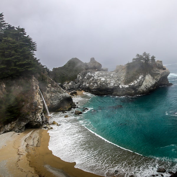 McWay Falls, Big Sur coast, California Coastal, Julia Pfeiffer Burns State Park, foggy day waterfall art print, misty landscape, tidefall