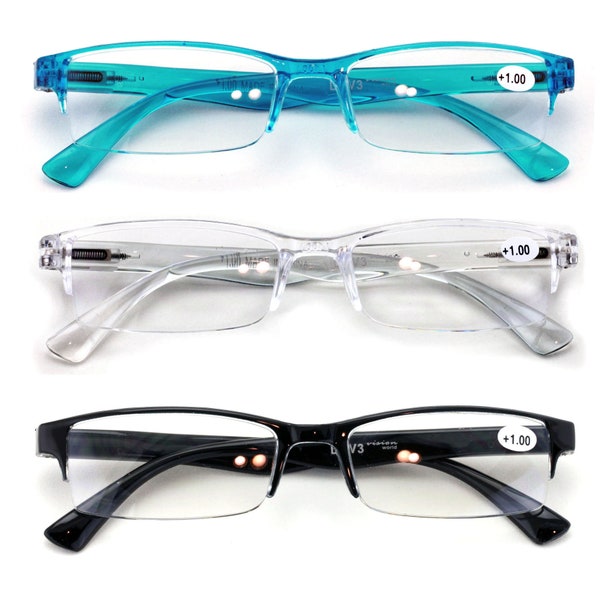 3 Pairs Lightweight Rectangular Unisex Readers with Spring Hinge - Slim Reading Glasses