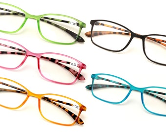 5 Pairs Rectangular Lightweight Flexible Temple Readers - Colorful Reading Glasses