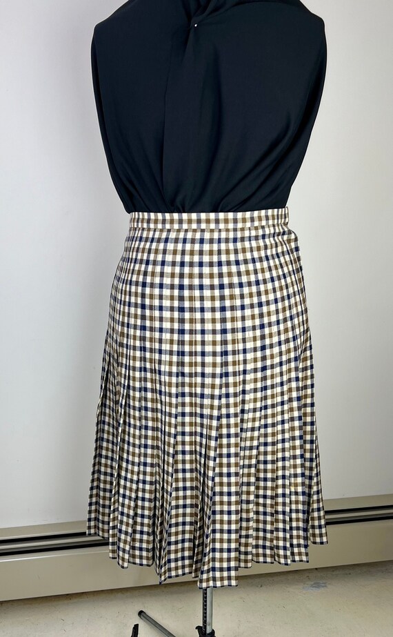Gingham Plaid Pleated Skirt, Navy, Brown Tan. Size
