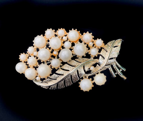 Pearl Brooch Leaf Design, Vintage Coro Pin - image 1