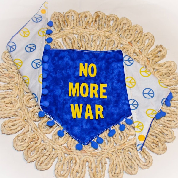 No More War Bandana Supporting Ukraine | Anti-War Peace Sign Blue and Yellow Ukraine Flag Colors | Bandana with Pom Poms