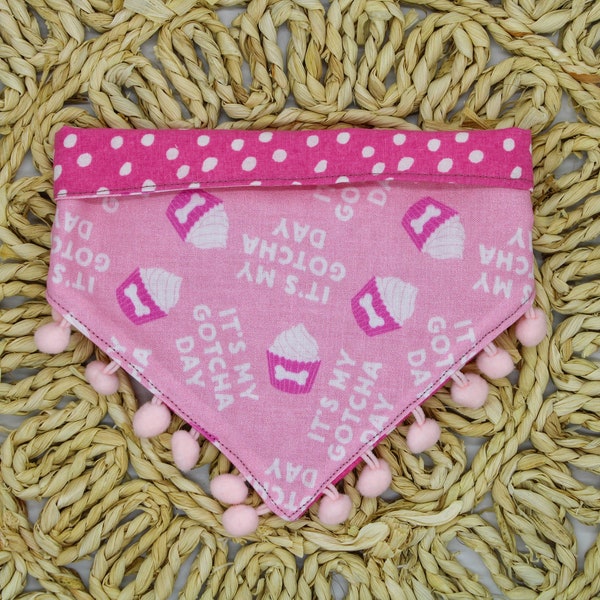 It's My Gotcha Day Pink Reversible Bandana | Adorable Two-Sided Girly Girl Gotcha Day Bandana with Cupcakes for Dog Adoption Anniversary