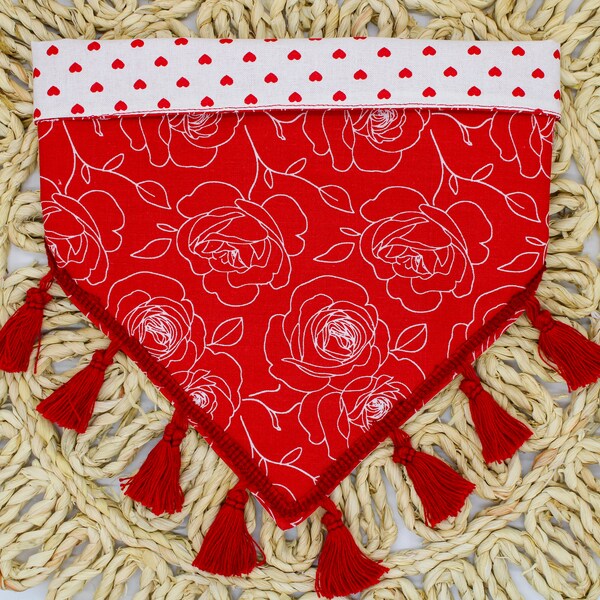 Roses Are Red Reversible Bandana | Valentine’s Day Outfit for Dogs or Cats with Red and White Hearts | Cute Dog Bandana with Fringe Tassels