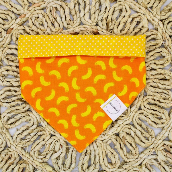 Mac N Cheese Reversible Bandana | Cute Funny Macaroni & Cheese Bandana for Dogs or Cats | Yellow and Orange Polka Dot Bandana with Pom-Poms