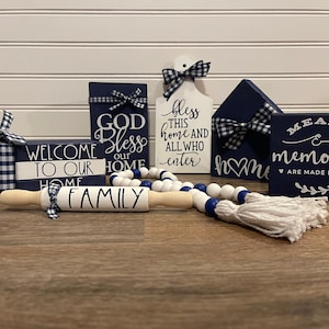 Farmhouse Tiered Tray Decor, Blue and White Themed Tiered Tray Decor, Beaded Garland, Farmhouse Decor, Welcome to Our Home Book Stack