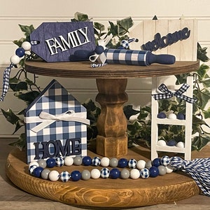 Farmhouse Tiered Tray Decor, Blue and White Buffalo Plaid, Themed Tiered Tray Decor, Beaded Garland, Farmhouse Decor, Farmhouse Tag