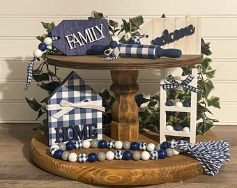 Farmhouse Tiered Tray Decor, Blue and White Buffalo Plaid, Themed Tiered Tray Decor, Beaded Garland, Farmhouse Decor, Farmhouse Tag