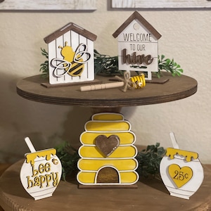 Bee Tiered Tray Decor, Farmhouse decor, Spring/Summer Decor, Bee happy decor, Welcome to our Hive, Honeycomb Decor