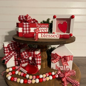 Red and White Plaid/Gingham Tiered Tray Decor, Farmhouse Decor, Faux Wood Present Buffalo Plaid, Home Decor