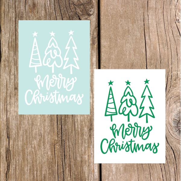 Merry Christmas with Trees Vinyl Decal, Christmas Sticker, Christmas Decal, Vinyl Decal