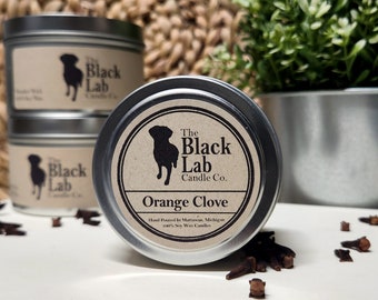 Orange Clove | The Black Lab Candle Co. | Hand Poured Soy Wax Candle | 4 oz. 8 oz. Tin Container | Wooden Wick | Phthalate-Free Scent| Vegan