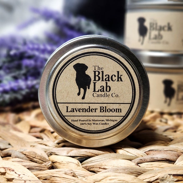 Lavender Bloom | The Black Lab Candle Co. | Hand Poured Soy Wax Candle | 4 oz, & 8 oz. Tin Container | Wooden Wick | Toxin Free Scents