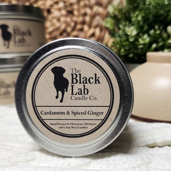 Cardamom & Spiced Ginger | The Black Lab Candle Co. | Hand Poured Soy Wax Candle | 4 oz | 8 oz Tin Container | Wood Wick | Toxin Free Scent
