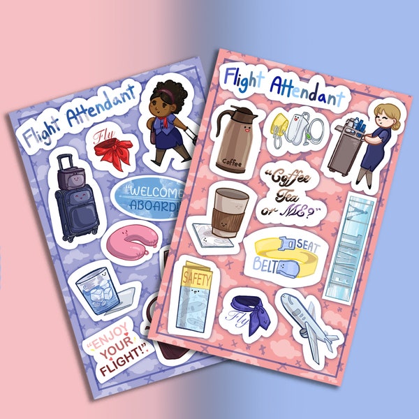 Flight Attendant Stickers! Cute Airplane Stickers! Pink and Blue Flight Stickers!