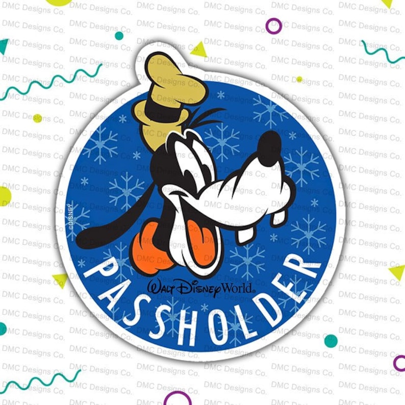 May include: A blue and white circular sticker with a cartoon image of Goofy. The sticker says "WALT DISNEY WORLD PASSHOLDER" in white text.