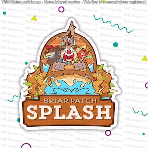 May include: A cartoon illustration of a brown bear, a rabbit, and a fox in a wooden boat, splashing in blue water. The boat is surrounded by green bushes with thorns. A wooden sign reads "Briar Patch Splash".