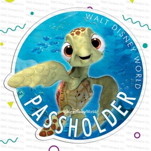 May include: A round sticker with a blue background featuring a cartoon sea turtle with a big smile. The turtle is swimming in the ocean with other fish. The sticker says "WALT DISNEY WORLD PASSHOLDER" in white text.