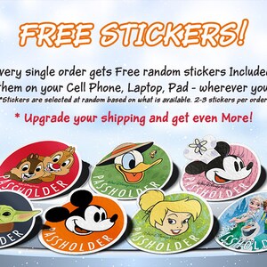 May include: A collection of eight round, colorful stickers featuring various Disney characters, including Mickey Mouse, Donald Duck, Chip and Dale, Baby Yoda, Tinkerbell, and Elsa and Anna from Frozen. Each sticker has the word "Passholder" printed on it.