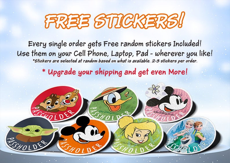 May include: A collection of eight round, colorful stickers featuring various Disney characters, including Mickey Mouse, Donald Duck, Chip and Dale, Baby Yoda, Tinkerbell, and Elsa and Anna from Frozen. Each sticker has the word "Passholder" printed on it.