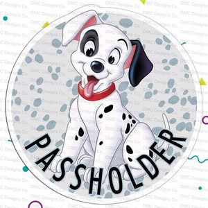 May include: A white and black Dalmatian puppy with red collar sits on a gray background with white spots. The text "PASSHOLDER" is written in black around the puppy.