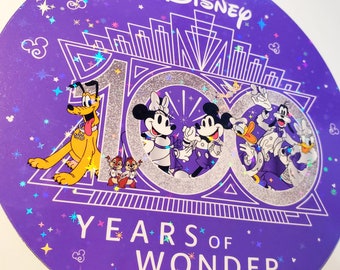 Disney's NEW 100 Years of Wonder featuring Mickey, Minnie and the gang oval or round purple magnet or Sticker 2023 in Star Dust! (fan made)