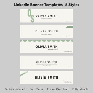 May include: Five LinkedIn banner templates in a minimalist style. Each banner features the name "OLIVIA SMITH" and the title "Marketing Analyst." The designs incorporate light green accents and various layout styles. The text "LinkedIn Banner Templates - 5 Styles" is at the top.