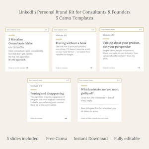 Op de afbeelding: Een digitale marketing templates kit voor LinkedIn, ontworpen voor consultants en oprichters. De kit bevat 5 Canva-templates met advies over het vermijden van veelvoorkomende fouten. De tekst bevat tips over posten en engagement.