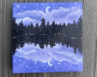 Mini Original Purple Night Lake Landscape Acrylic Painting