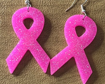 Customized Breast Cancer dangle earrings, Pink ribbon,  great gift for Men & Women, Made to order, Premium Glitter,