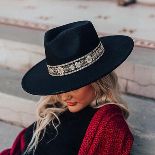Black Fedora Hat for Women Vegan Felt Fedora Hat Wide Brim - Etsy