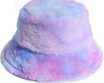 Women’s winter bucket hat-rainbow bucket hat faux fur bucket hat-warm purple bucket hat-blue pink hat-ladies hat-Christmas gift.