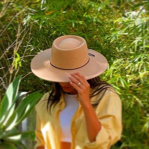 Beige boater felt hat for women%100wool felt boater-wide brim black fedora hat wide brim rancher-beige boater hat-gift for her valentines image 1