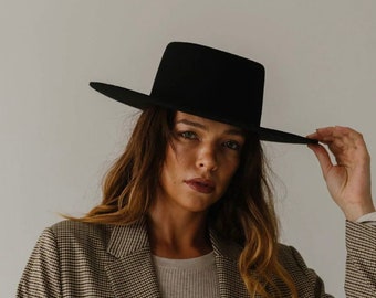 Black boater hat for women-felt boater-%100wool hat-wide brim black fedora hat- wide brim rancher hat -beige bolero hat-gift for her