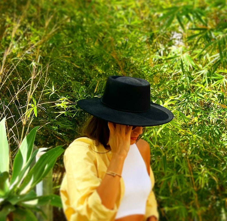 Beige boater felt hat for women%100wool felt boater-wide brim black fedora hat wide brim rancher-beige boater hat-gift for her valentines image 7