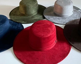 Boater suede hat for women- suede bolero-wide brim white boater hat- wide brim rancher-vegan felt fedora hat-Christmas gift-Brown, navy,red