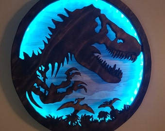 Jurassic Park Logo Wood Carved LED Sign, Dinosaur T-Rex Wall Art
