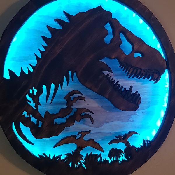 Jurassic Park Logo Wood Carved LED Sign, Dinosaur T-Rex Wall Art