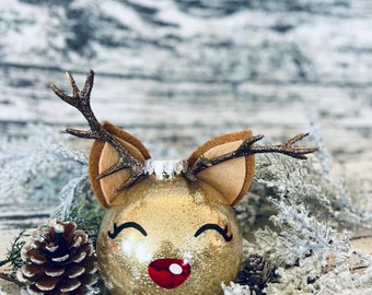 Reindeer Ornament, Christmas Ornament, Holiday Gift, Handmade Ornament,Personalized Gift, Rudolph, Glittered ornament, Gold Ornament
