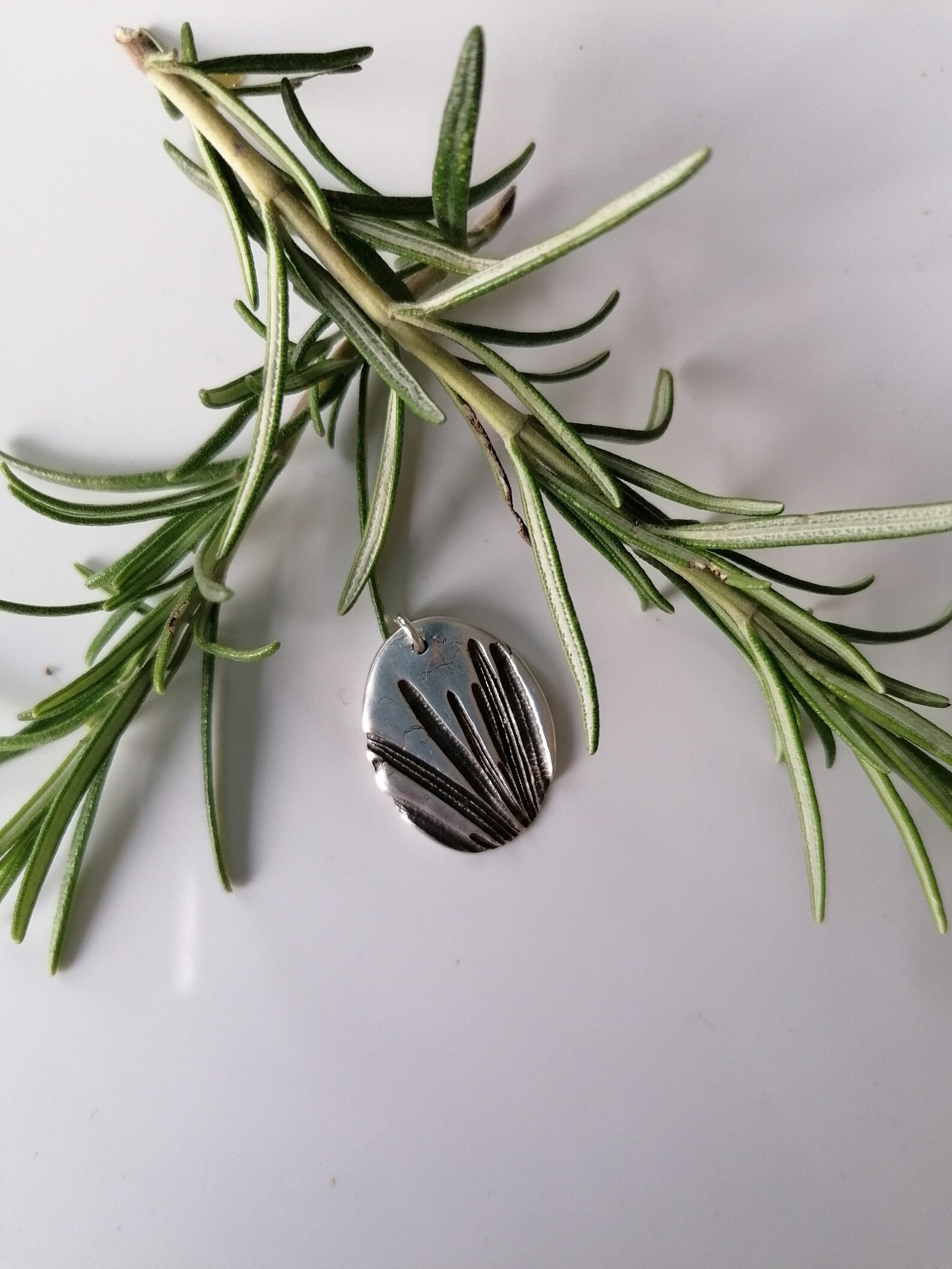 Rosemary Fine Silver Pendant featuring impressions of nature. Etsy