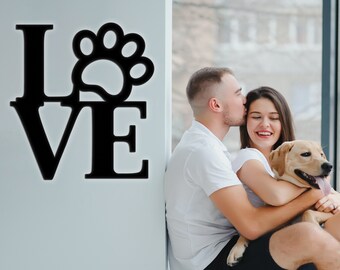 Vivegate Love with Paw Print Wall Decor Black Metal Art – 12.5”X11.5” Dog Room Accessories Decor for Dog Lovers Metal Love Animals Art