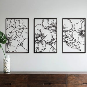 ViveGate Black Minimalist Floral Single Line Metal Wall Art Decor18"X12" 3 Packs Black Floral  Wall signs for Hanging home wall decor