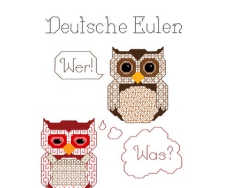 Deutsche Eulen (German Owls) Blackwork Embroidery Pattern