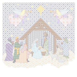 May include: A cross-stitch pattern depicting the nativity scene with a star above the manger, two angels, and three wise men. The scene is set against a blue background with a white snowflake pattern.