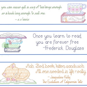 May include: Three colorful bookmarks with quotes about reading and tea. The top bookmark features a blue teacup with pink flowers on a stack of books. The middle bookmark features a stack of books with a quote by Frederick Douglass. The bottom bookmark features a cat curled up on a book with a quote by Jaqueline Kelly.