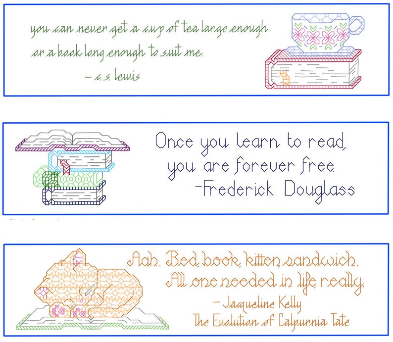 May include: Three colorful bookmarks with quotes about reading and tea. The top bookmark features a blue teacup with pink flowers on a stack of books. The middle bookmark features a stack of books with a quote by Frederick Douglass. The bottom bookmark features a cat curled up on a book with a quote by Jaqueline Kelly.