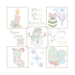 Könnte beinhalten: Ein Weihnachts-Kreuzstichmuster mit neun verschiedenen Designs. Die Designs beinhalten eine Kerze, einen Schneemann, einen Strumpf, Schneeflocken, ein Herz, einen Weihnachtsbaumschmuck und Text, der "Have a Holly Jolly Christmas", "Seasons Greetings" und "Merry and Bright" sagt.