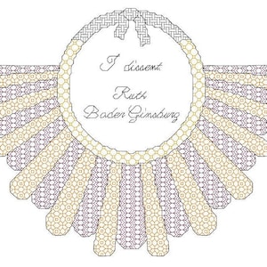 May include: A black and white illustration of a circle with a woven border. Inside the circle is the text "I dissent. Ruth Bader Ginsburg". The circle is surrounded by a design of overlapping circles in gold and purple.