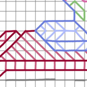 May include: A geometric pattern with overlapping shapes in shades of red, pink, blue, and green. The shapes are outlined in black and are arranged in a layered design.