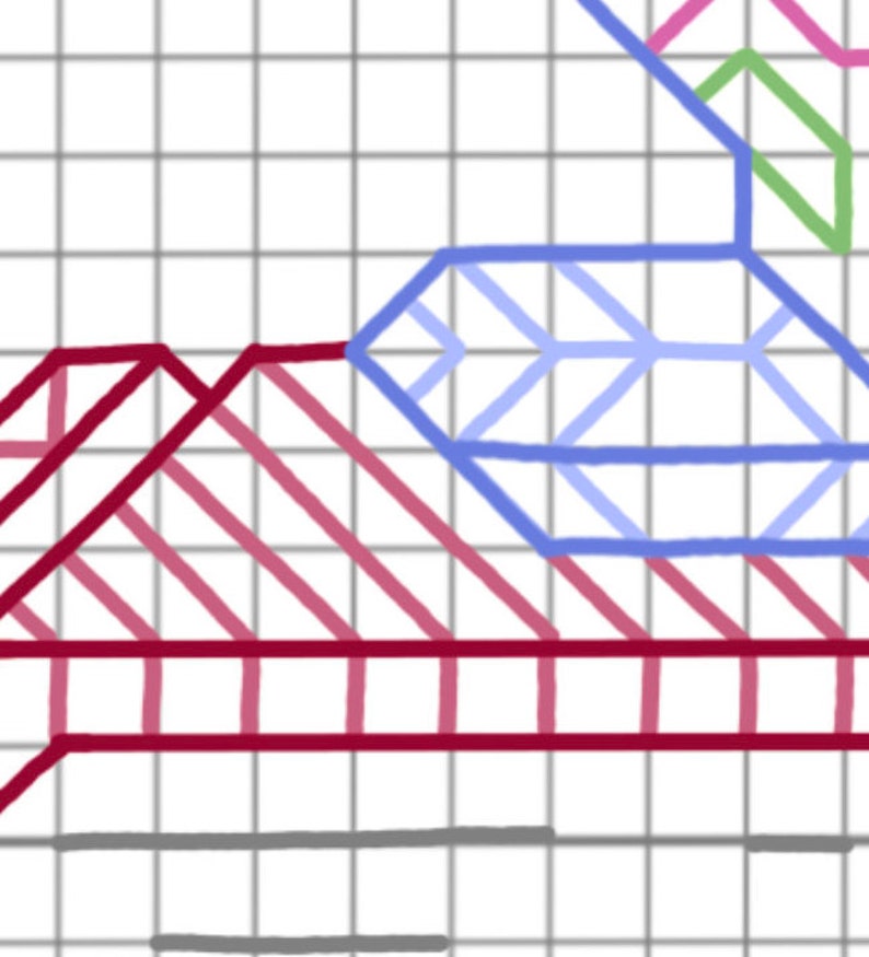 May include: A geometric pattern with overlapping shapes in shades of red, pink, blue, and green. The shapes are outlined in black and are arranged in a layered design.